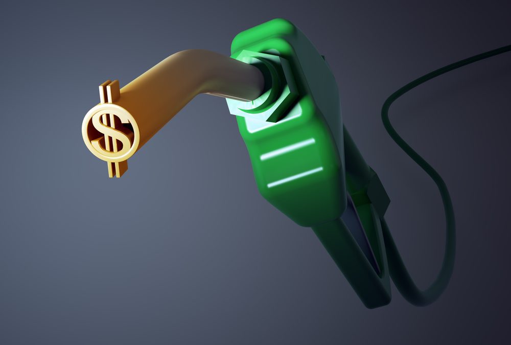 Gasoline nozzle with a money sign on the end.
