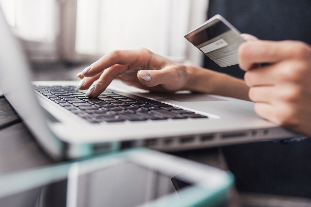 person typing in credit card information on a laptop